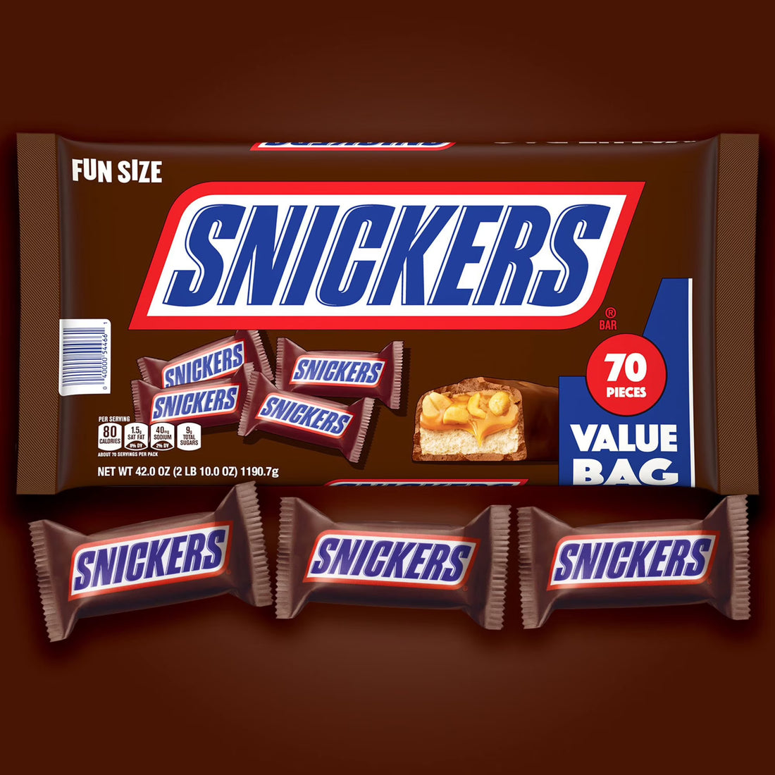 SNICKERS Milk Chocolate Candy Bars, Fun Size, 70 pcs.